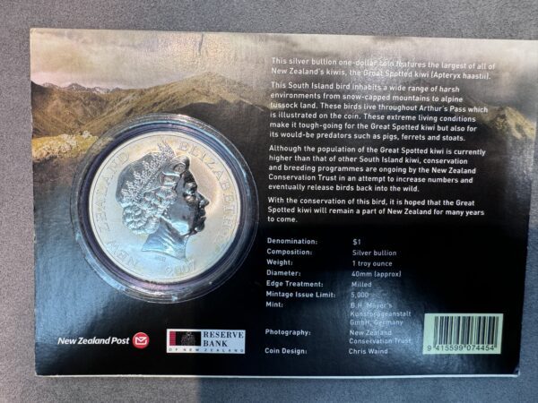 New Zealand - 2007 - Silver Dollar Specimen Coin - Great Spotted Kiwi - Image 3