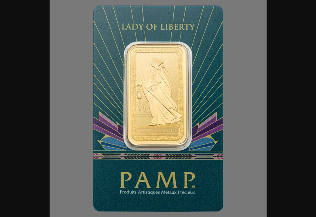 PAMP Lady of Liberty Gold Minted Bar – 1oz (Teal assay card)