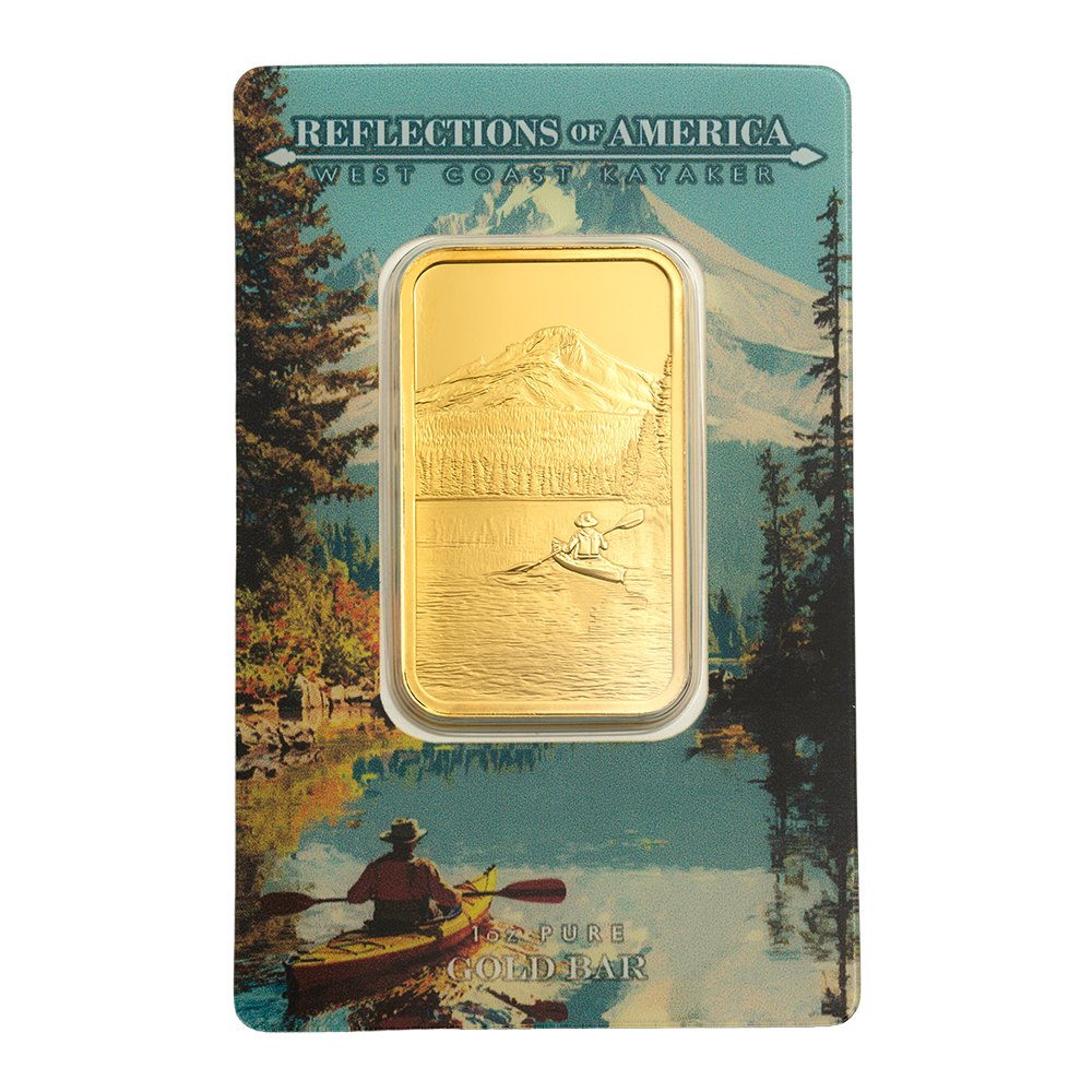 1oz Pure Gold Bar Reflections of America West Coast Kayaker