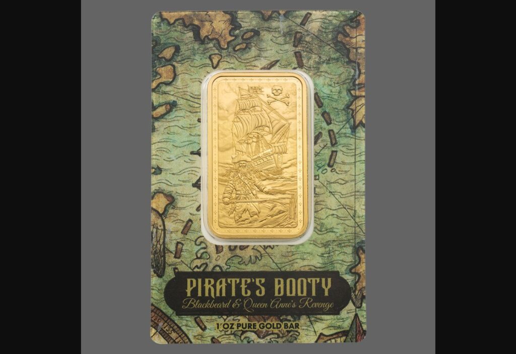 1oz Pure Gold Bar Pirate’s Booty Blackbeard & Queen Anne’s Revenge
