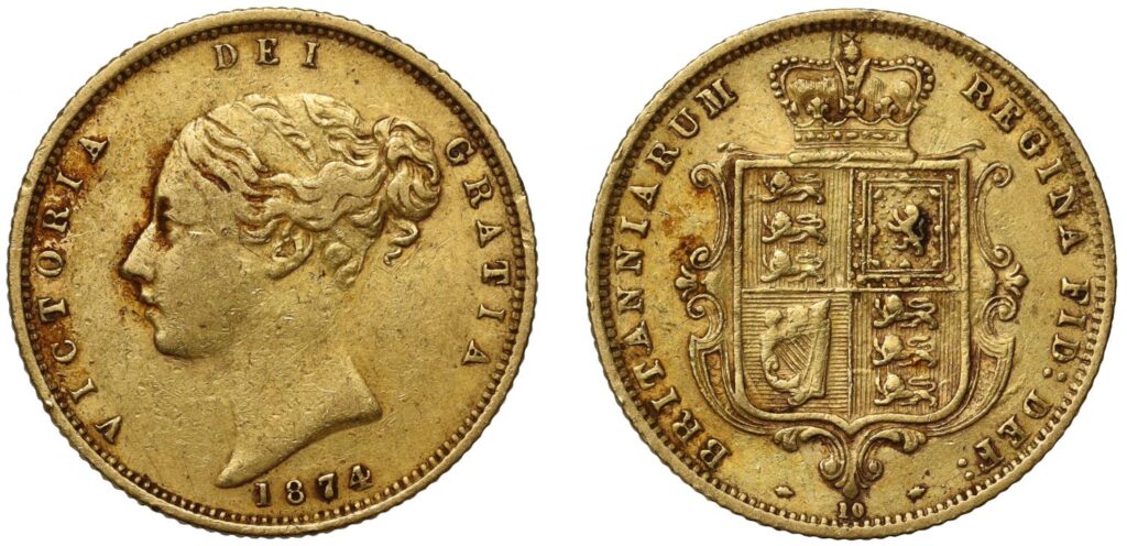 1874 Victoria Half Gold Sovereign Coin