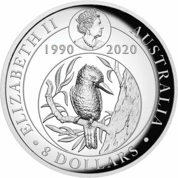 8 Dollars – Elizabeth II (6th Portrait – Kookaburra – 30th Anniversary Proof Gilded High Relief)
