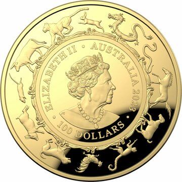 2023 100 Dollars – Elizabeth II (6th Portrait; Posthumous – Year of the Rabbit; Domed – Gold Proof)