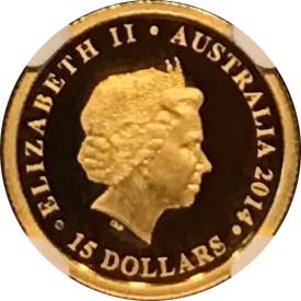 2014 15 Dollars – Elizabeth II (4th Portrait – Red Kangaroo – 25th Anniversary Gold Proof)