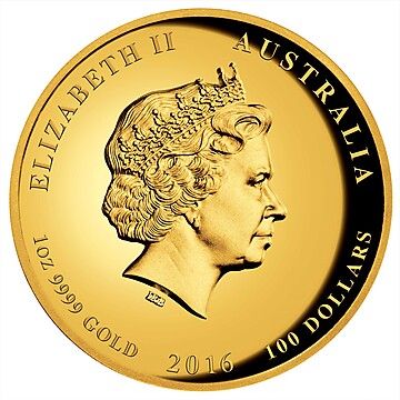 2016 100 Dollars – Elizabeth II (4th Portrait – Year of the Monkey – Gold Proof High Relief)